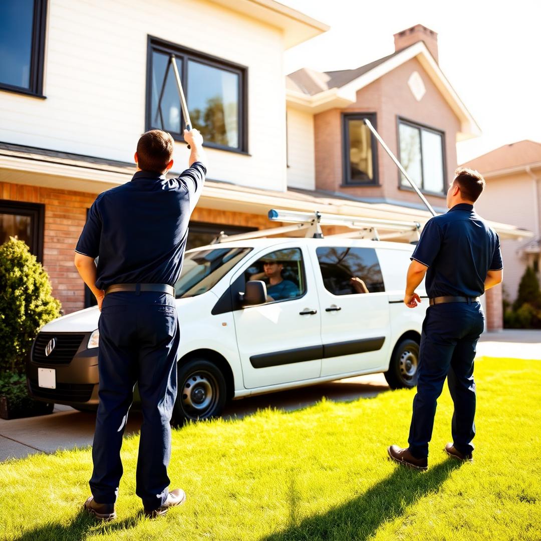 UBCORT residential service team cleaning windows at a modern suburban home